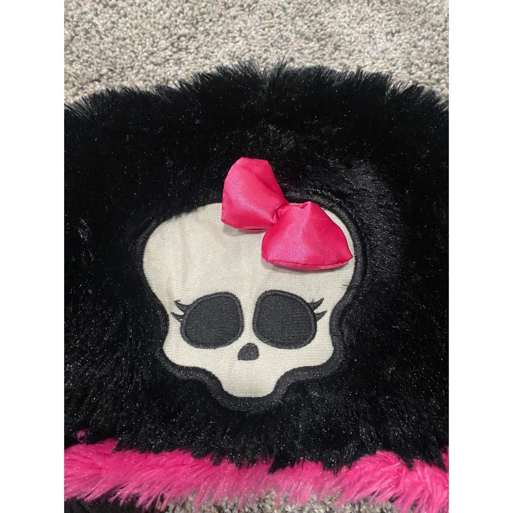 Monster High Trapper Hat Girls OS Black Excellent Faux Fur Skullette Pink Bow